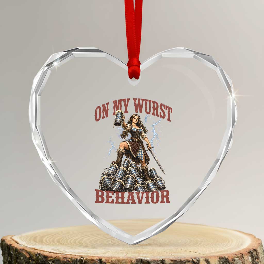 Bavarian Warrior Woman Drinking Beer Oktoberfest Graphic Heart Crystal Glass Ornament On My Wurst Behavior