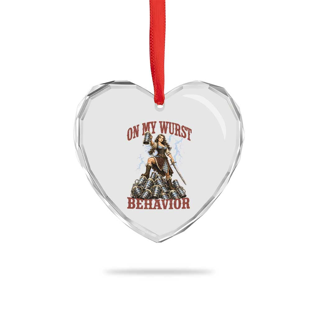 Bavarian Warrior Woman Drinking Beer Oktoberfest Graphic Heart Crystal Glass Ornament On My Wurst Behavior