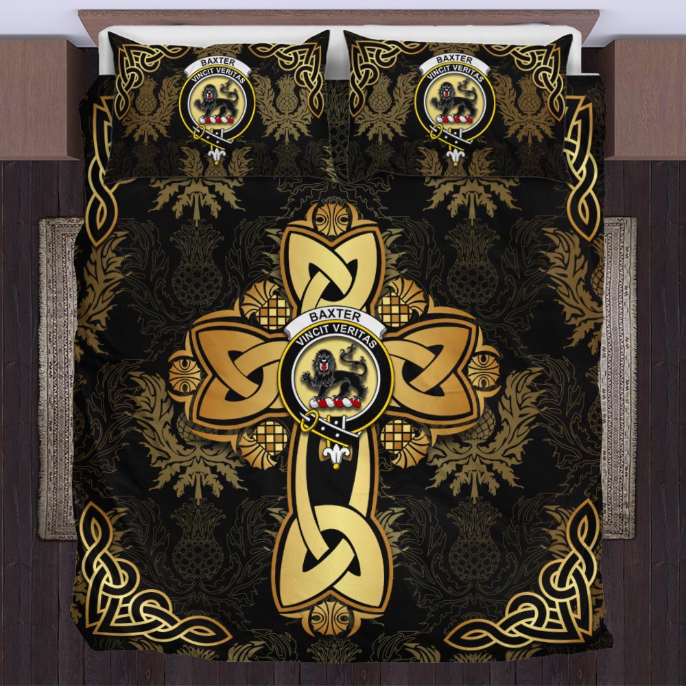 baxter-clan-crest-golden-celtic-cross-thistle-style-bedding-set