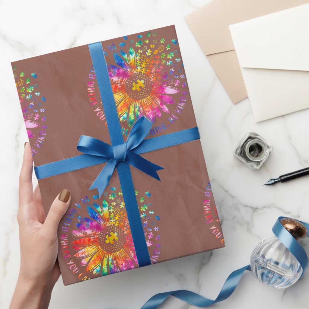 Be Kind Autism Awareness Wrapping Paper Roll Kindness Sunflower Tie Dye Puzzle - Wonder Print Shop