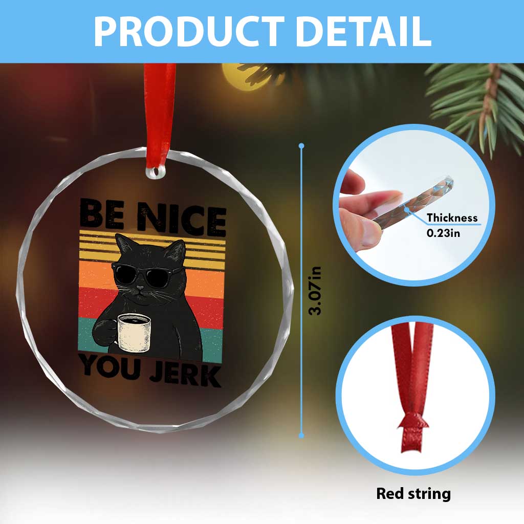 Be Nice You Jerk Crystal Glass Ornament Funny Black Cat Sarcastic Quote