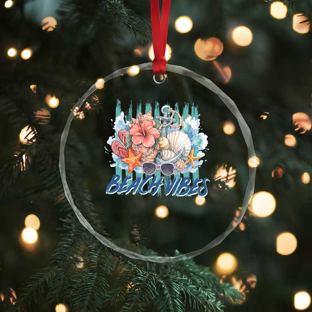Beach Vibes Crystal Glass Ornament Floral Seashell Coastal Vacation Graphic
