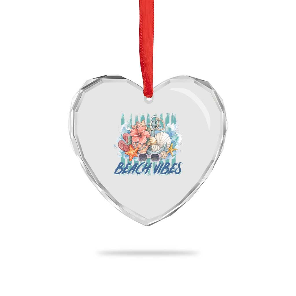 Beach Vibes Heart Crystal Glass Ornament Floral Seashell Coastal Vacation Graphic