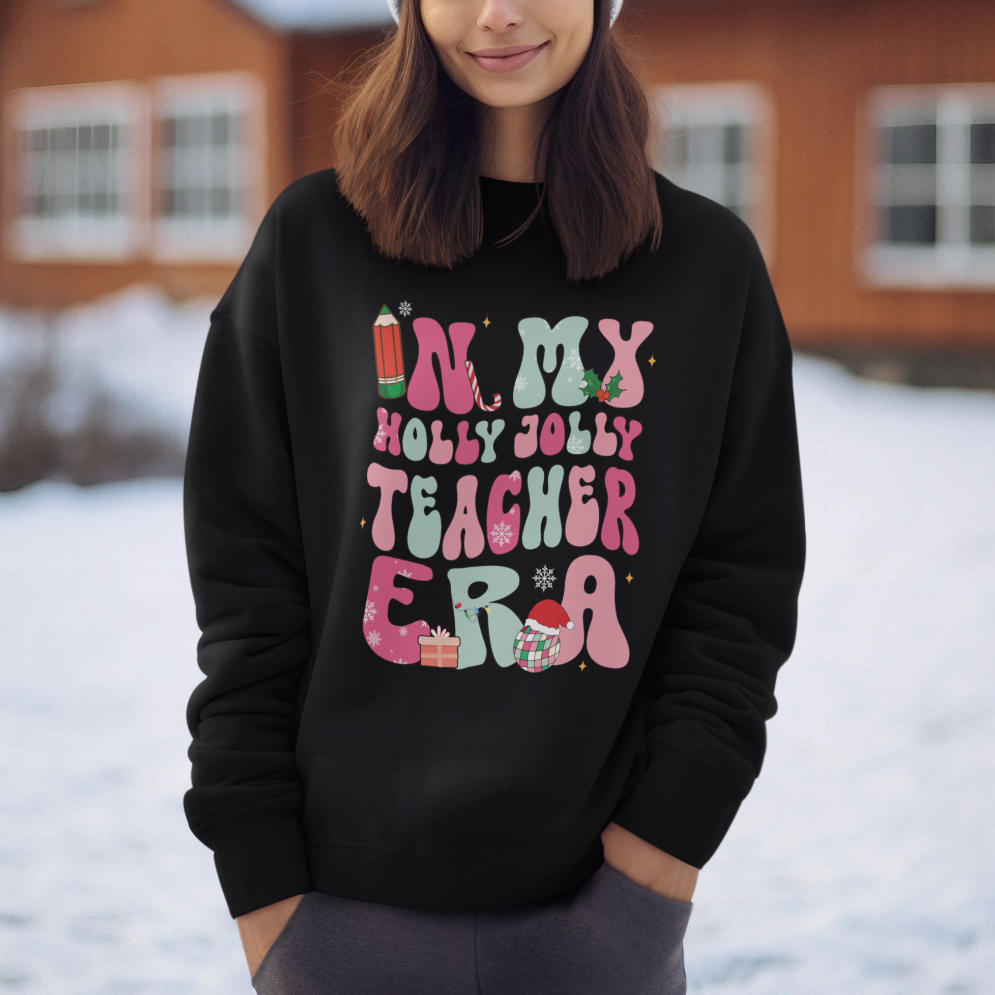In My Holly Jolly Teacher Era Xmas Groovy Christmas Sweatshirt - Wonder Print Shop