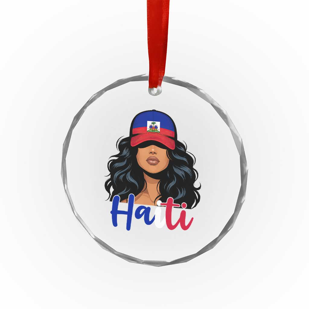 Beautiful Haitian Girl in Flag Baseball Cap Crystal Glass Ornament Haiti Heritage Pride