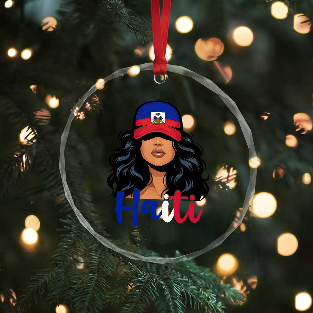 Beautiful Haitian Girl in Flag Baseball Cap Crystal Glass Ornament Haiti Heritage Pride