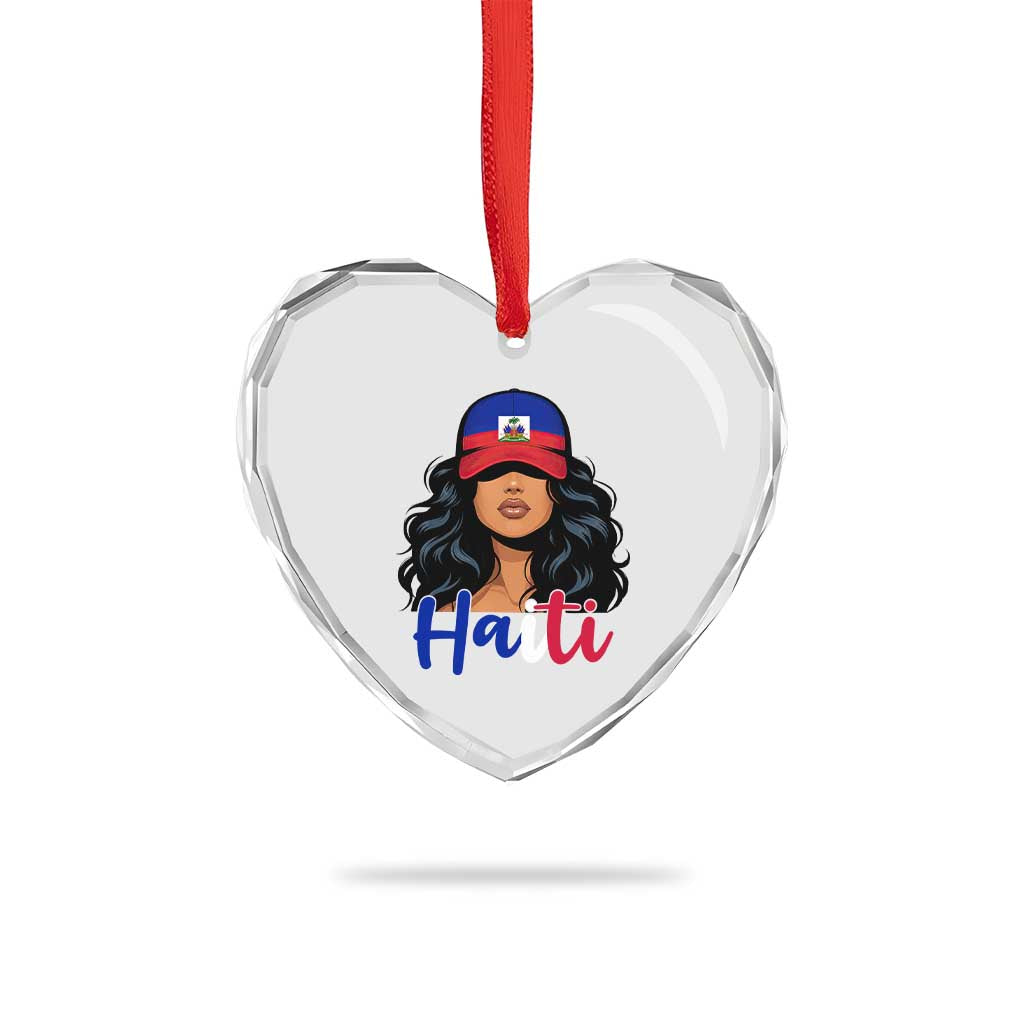 Beautiful Haitian Girl in Flag Baseball Cap Heart Crystal Glass Ornament Haiti Heritage Pride