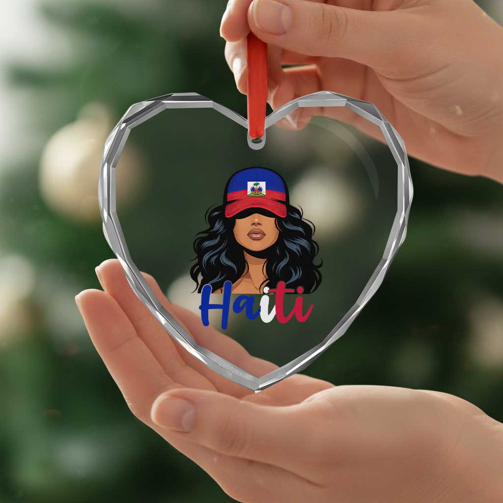 Beautiful Haitian Girl in Flag Baseball Cap Heart Crystal Glass Ornament Haiti Heritage Pride