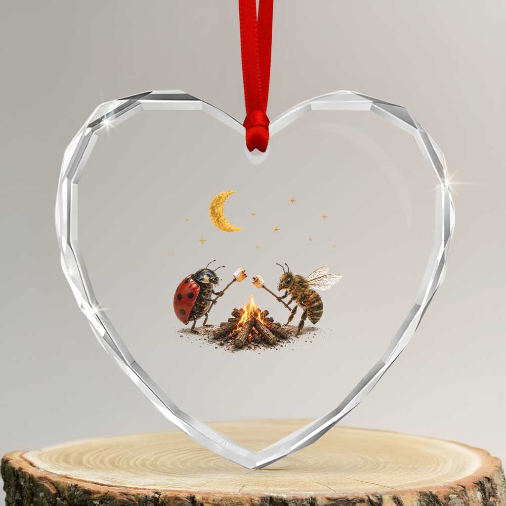 Bee And Ladybug Campfire Heart Crystal Glass Ornament Cottagecore Gift