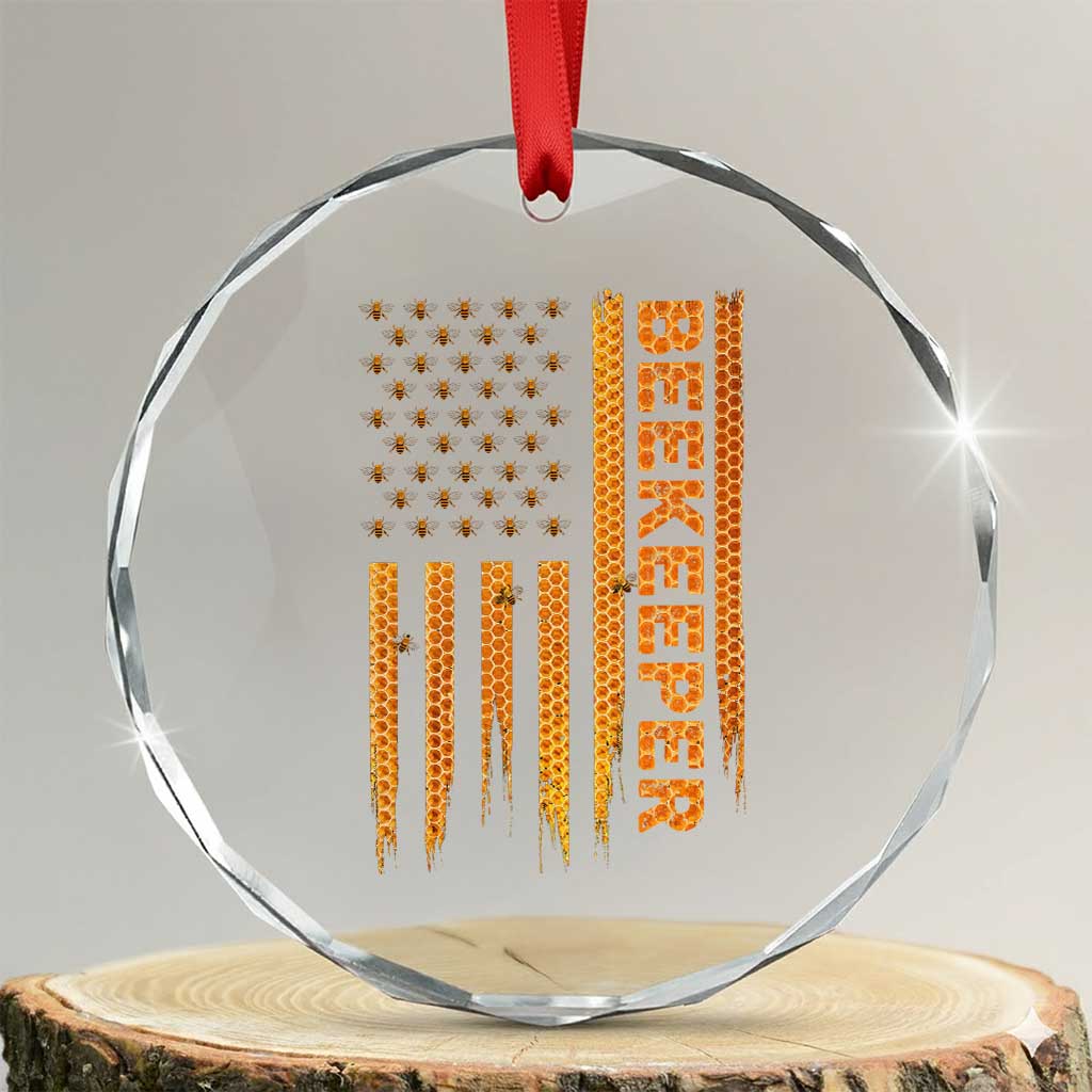 Beekeeping American Flag Honeycomb Honey Bees Beekeeper Crystal Glass Ornament