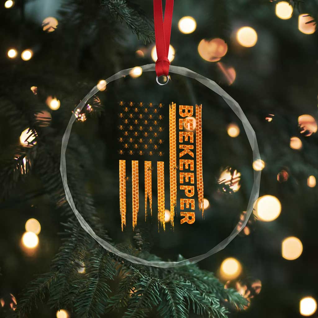 Beekeeping American Flag Honeycomb Honey Bees Beekeeper Crystal Glass Ornament