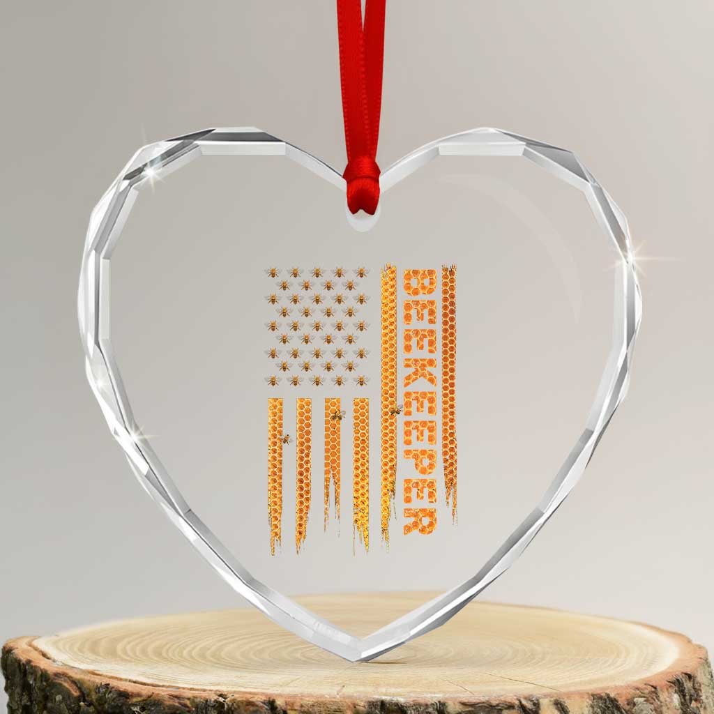 Beekeeping American Flag Honeycomb Honey Bees Beekeeper Heart Crystal Glass Ornament