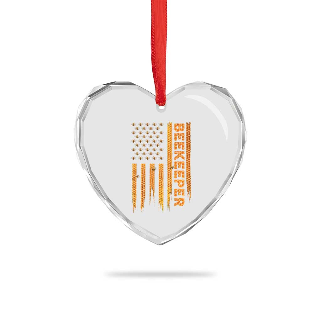 Beekeeping American Flag Honeycomb Honey Bees Beekeeper Heart Crystal Glass Ornament