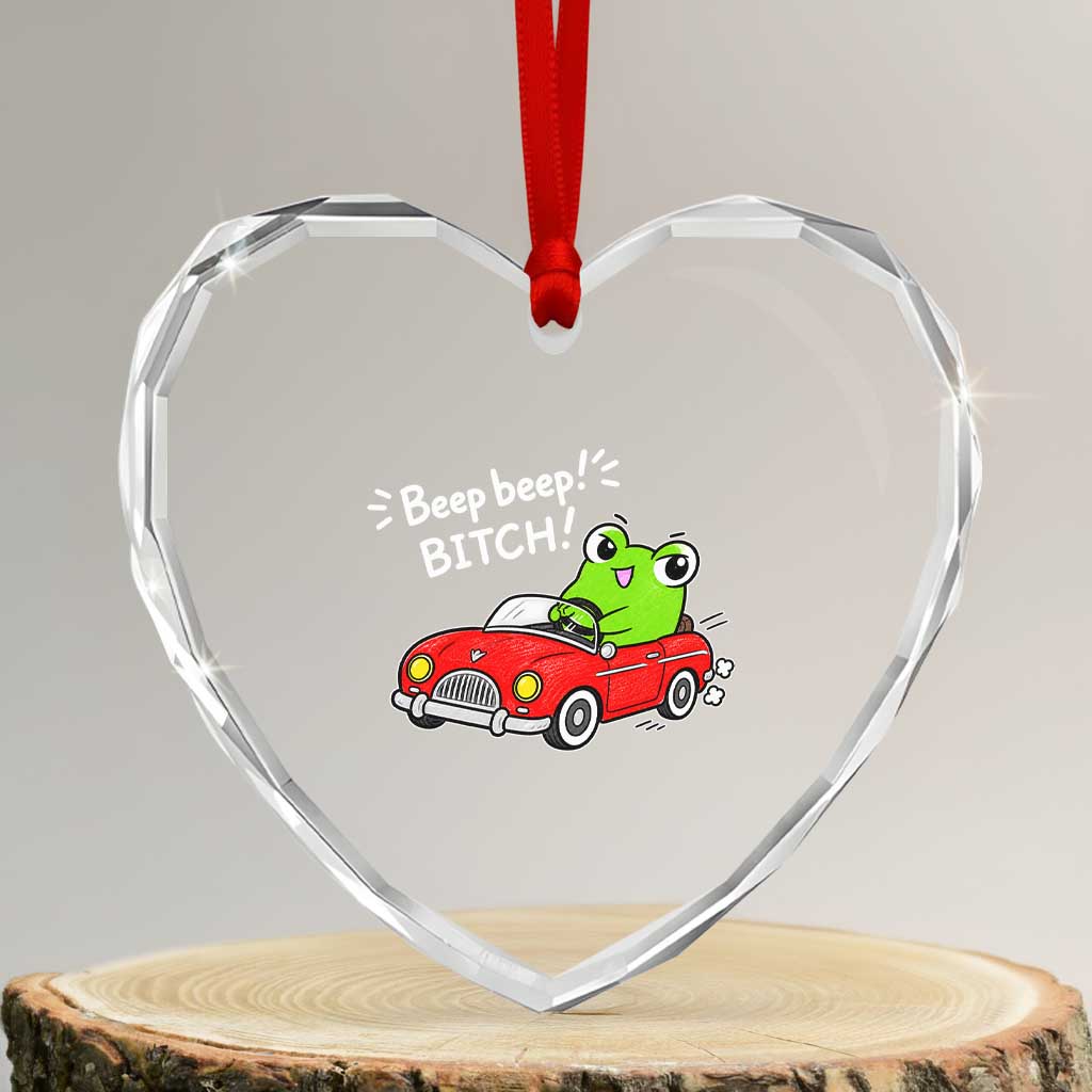 Beep Beep Frog Heart Crystal Glass Ornament Funny Driving Frog Red Convertible Car Graphic