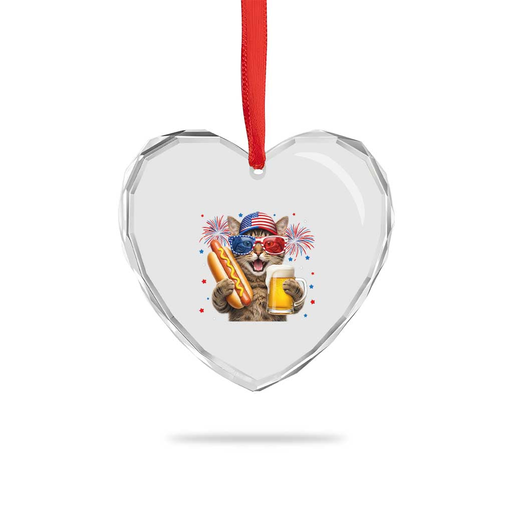 Beer And Hotdog Cat Heart Crystal Glass Ornament Fourth Of July Celebration