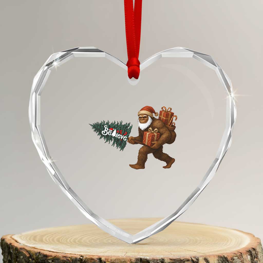 Believe Bigfoot Christmas Heart Crystal Glass Ornament Sasquatch Holiday Gift - Wonder Print Shop