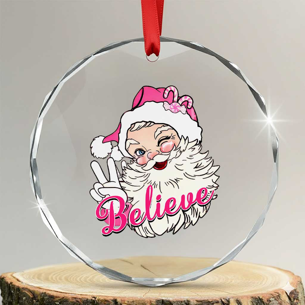 Believe Xmas Vintage Pink Santa Claus Crystal Glass Ornament TS09