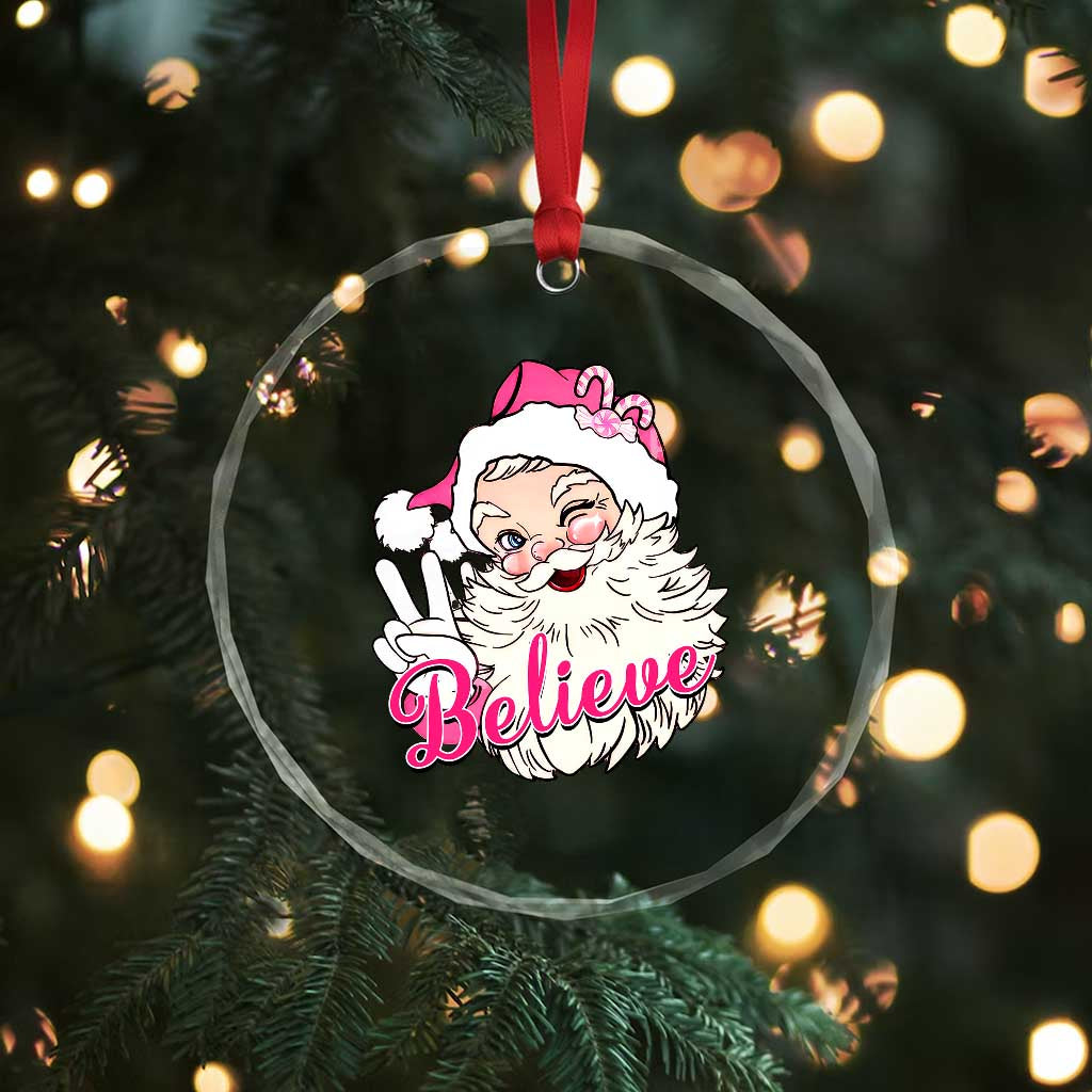 Believe Xmas Vintage Pink Santa Claus Crystal Glass Ornament TS09