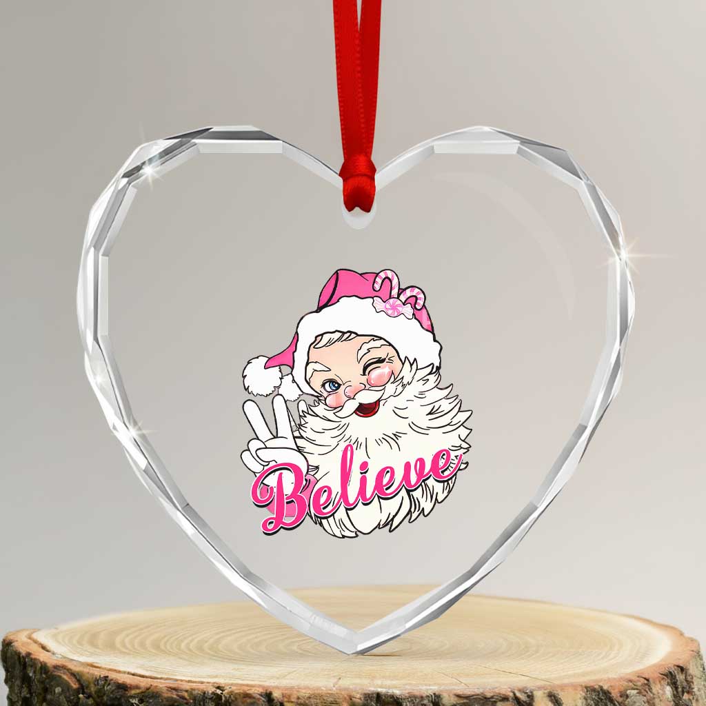 Believe Xmas Vintage Pink Santa Claus Heart Crystal Glass Ornament - Wonder Print Shop