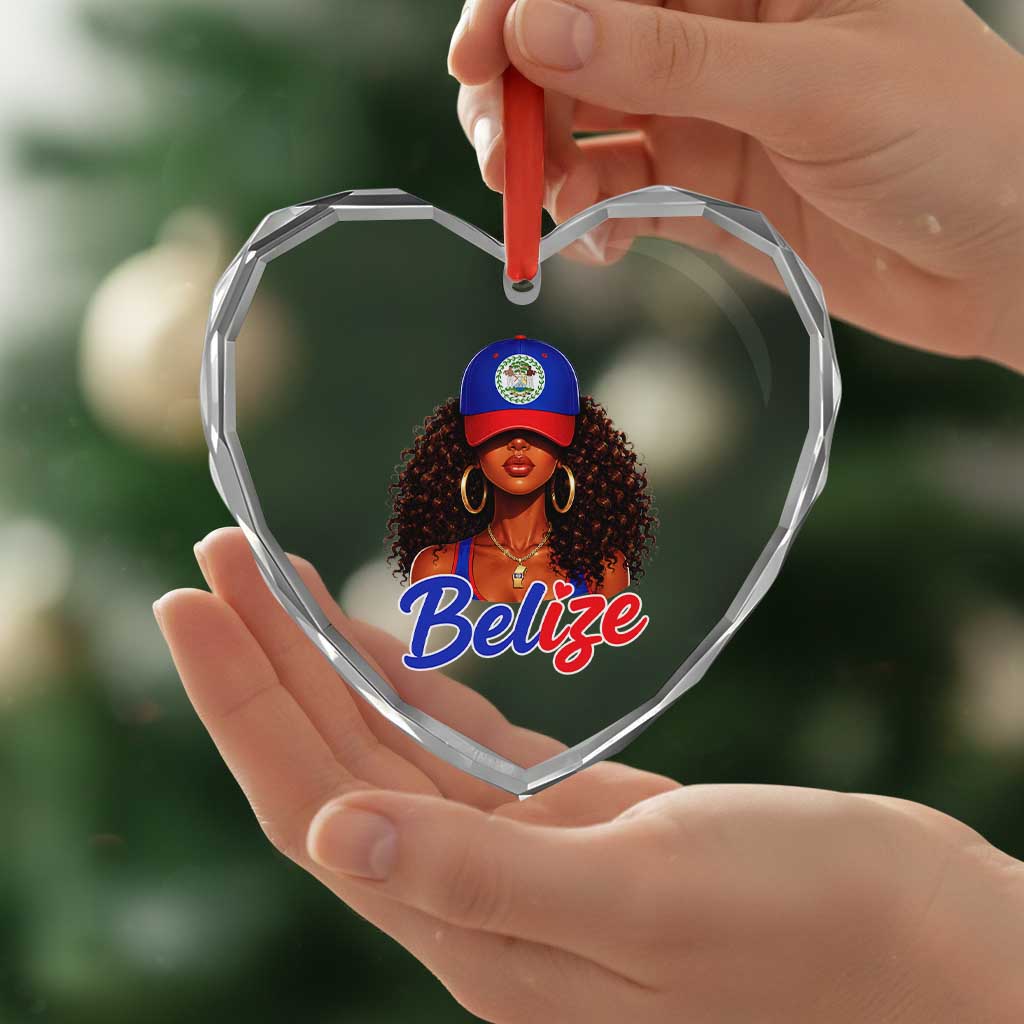 Belize Princess Heart Crystal Glass Ornament Melanin Afro Girl Belize Flag Heritage Gift for Black Girls