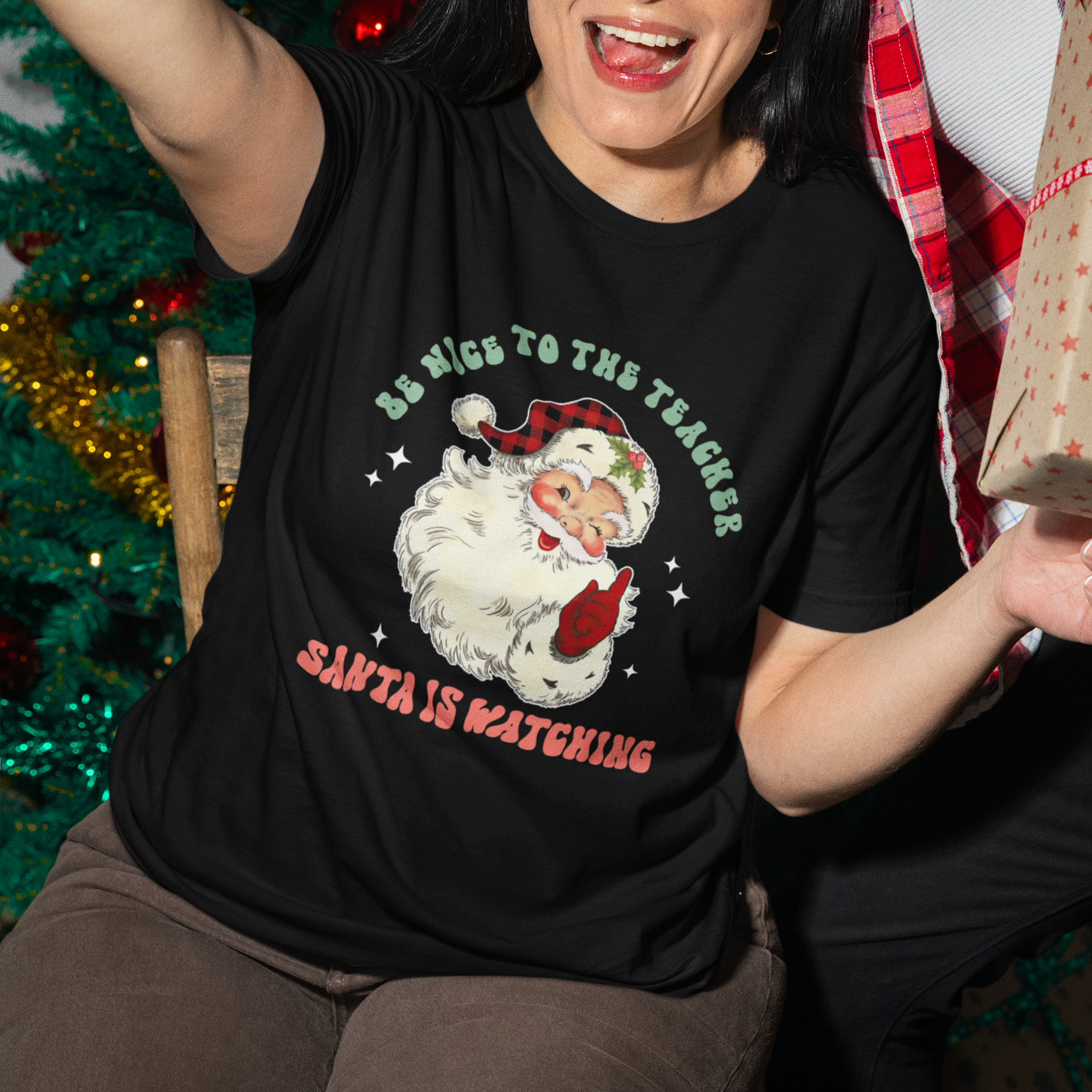Be Nice To The Teacher Santa Is Watching Retro Groovy Christmas T Shirt - Wonder Print Shop