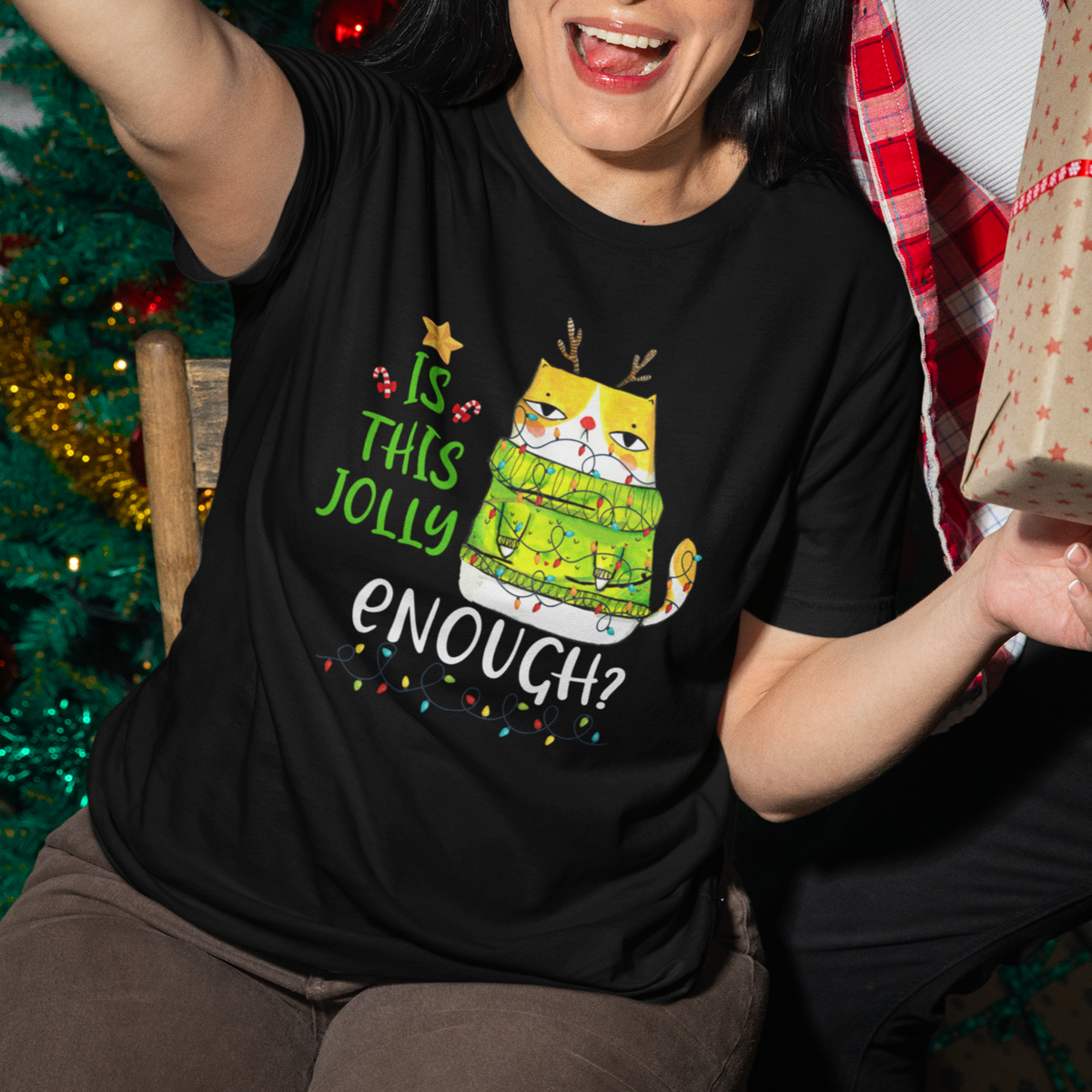 Is This Jolly Enough Funny Cat Merry Christmas Light T Shirt - Wonder Print Shop