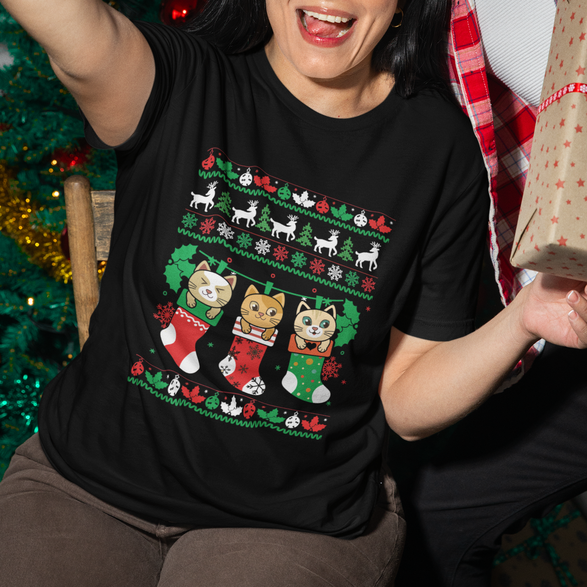 Christmas T Shirt Cute Cat In Sock Merry Catmas - Wonder Print Shop