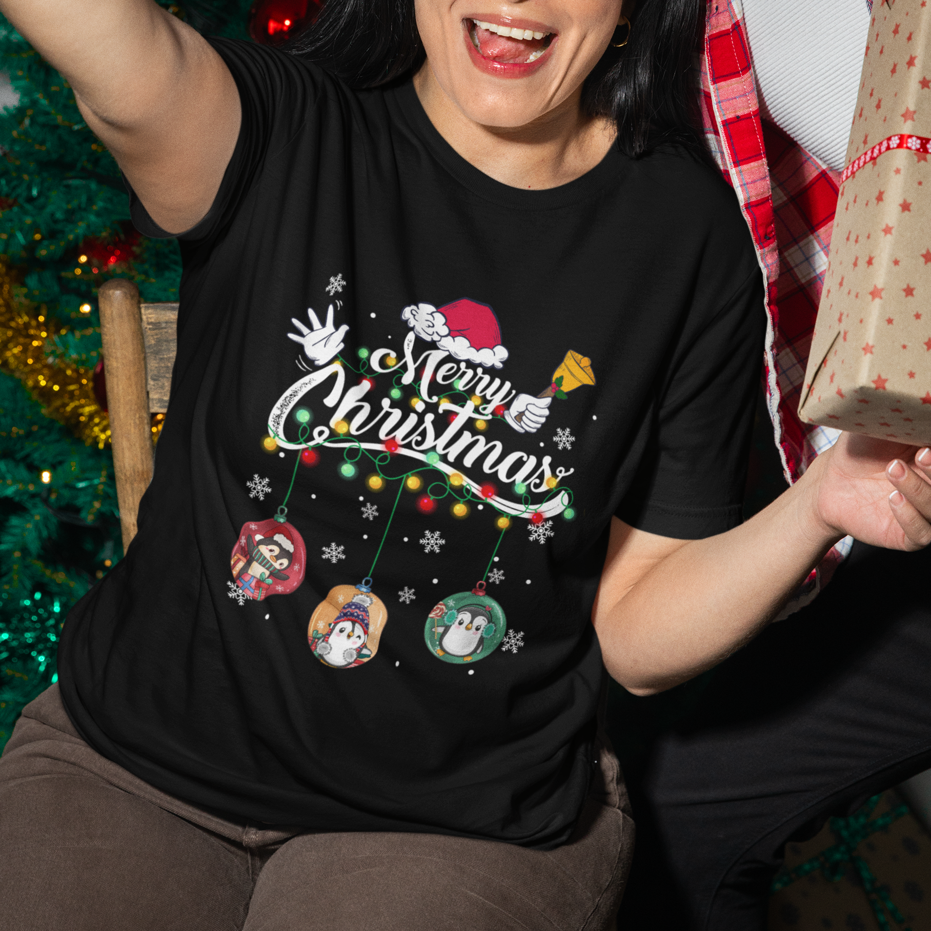 Mini Penguin With Xmas Light Ornaments Balls Merry Christmas T Shirt - Wonder Print Shop