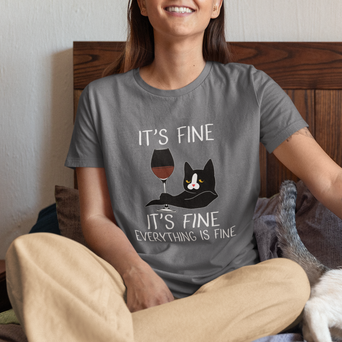 Cat Lover T Shirt It's Fine I'm Fine Everything is Fine Funny Black Cat - Wonder Print Shop