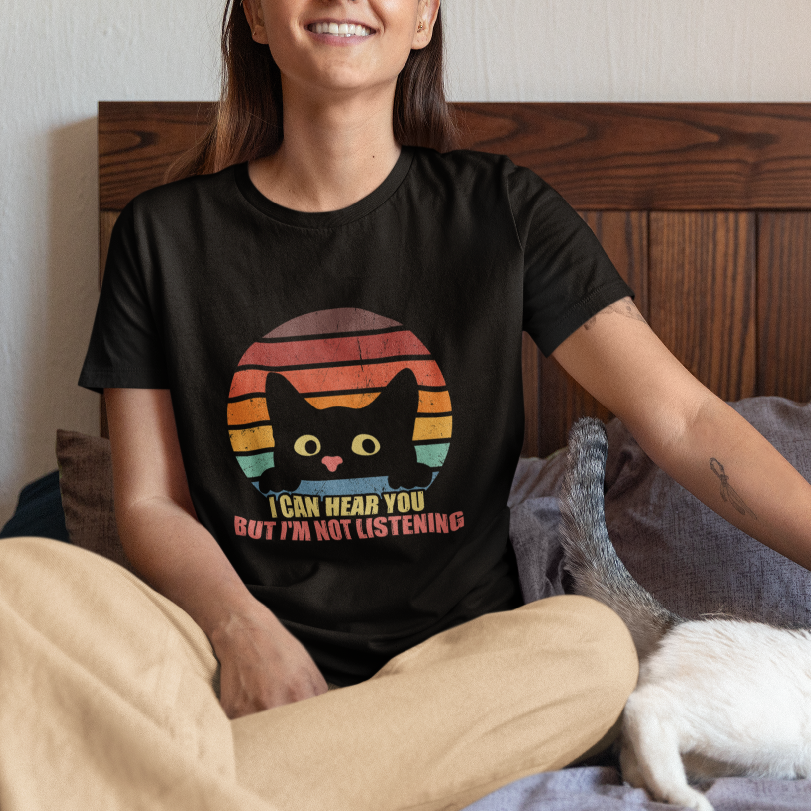 Funny Cat Sarcastic T Shirt I Can Hear You But I'm Not Listening Retro - Wonder Print Shop