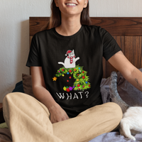 What? Cat Pushing Christmas Tree Xmas Mischievous Cat Lover T Shirt - Wonder Print Shop