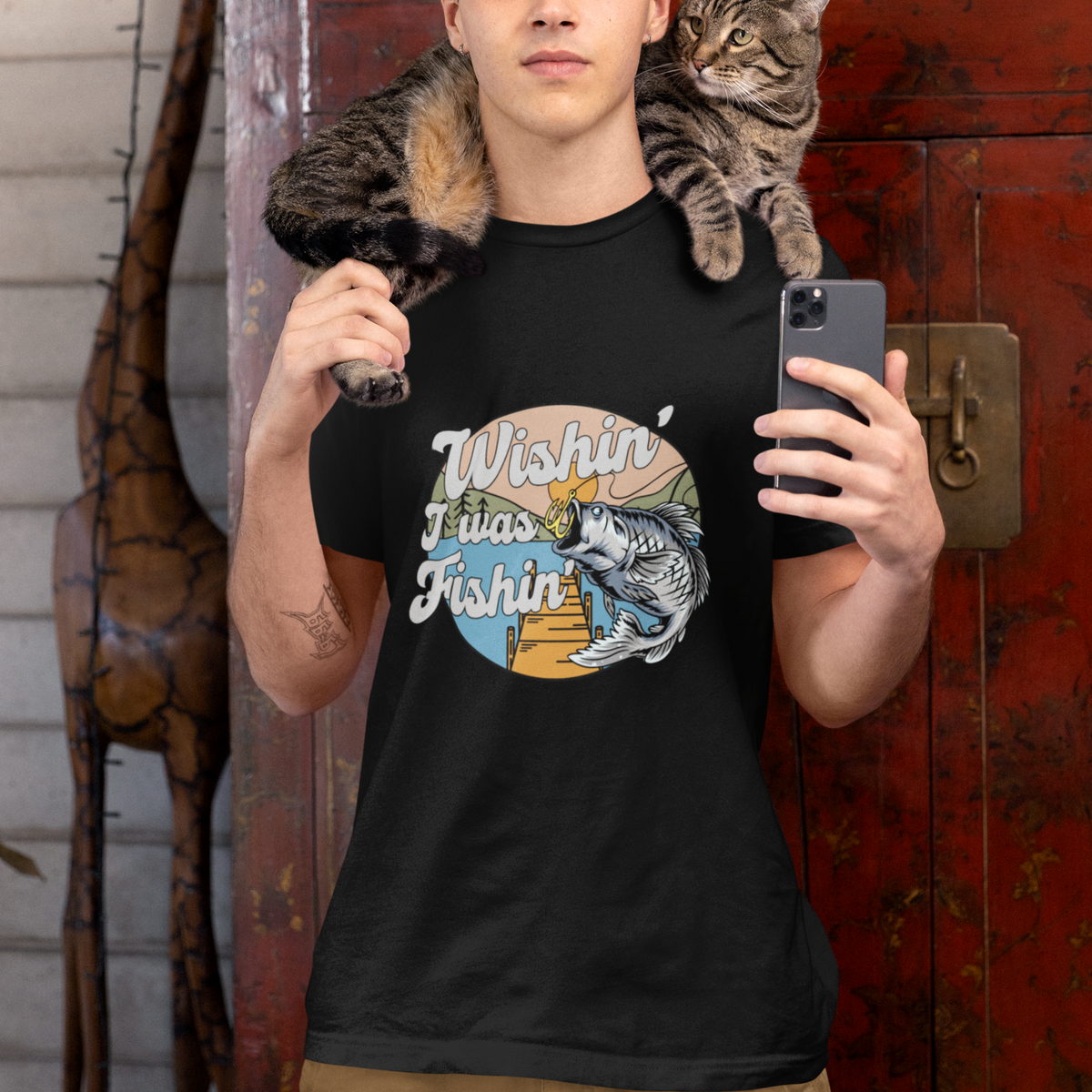 Funny Fishing T Shirt Wishing I Was Fishing Funny Fisherman Fishing Gag Gift for Men Women Vintage - Wonder Print Shop