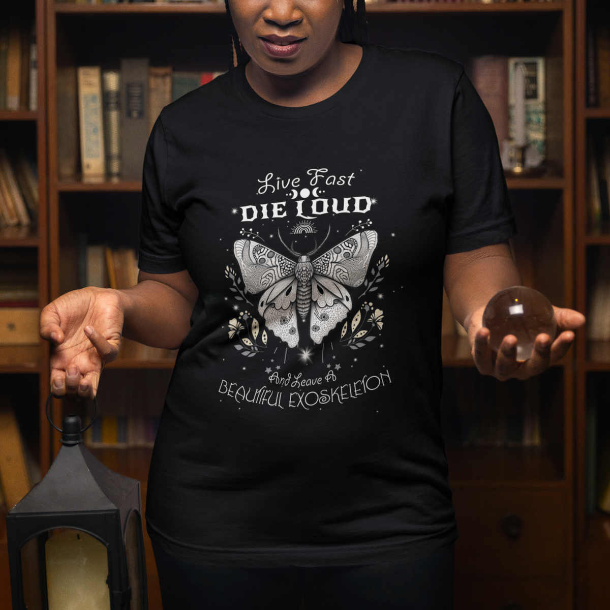 Moth T Shirt For Women Live Fast Die Loud and Leave A Beautiful Exoskeleton Celestial Moth Vintage Black and White Spiritual Shirt for Women, Moth T-shirt, Spirituality Shirt - Wonder Print Shop