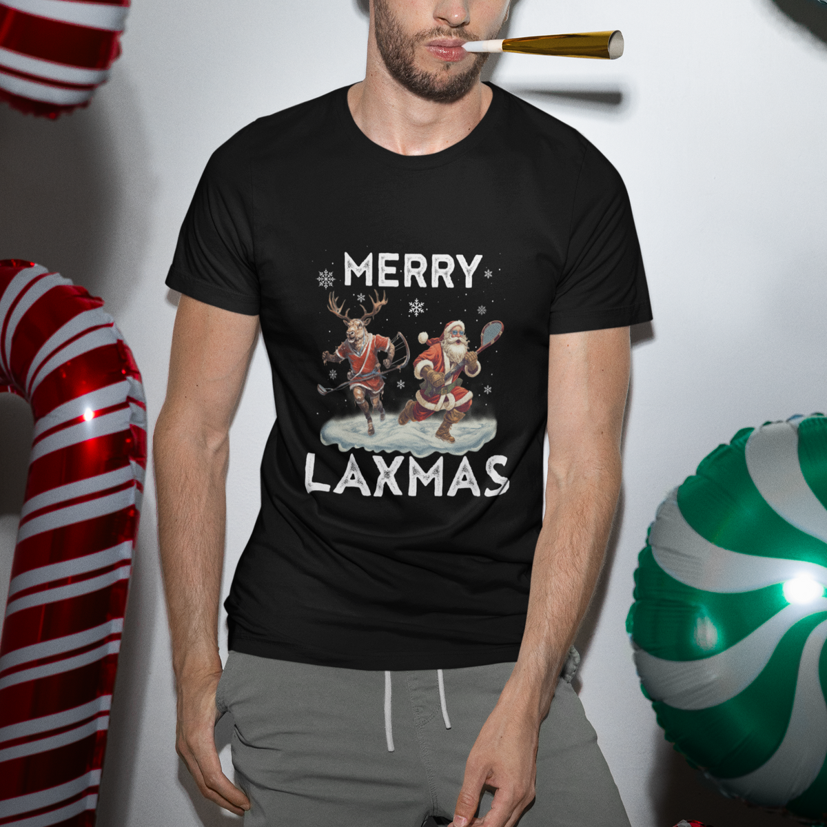 Christmas Sport T Shirt Merry LAXMAS Santa Reindeer Play Lacrosse - Wonder Print Shop
