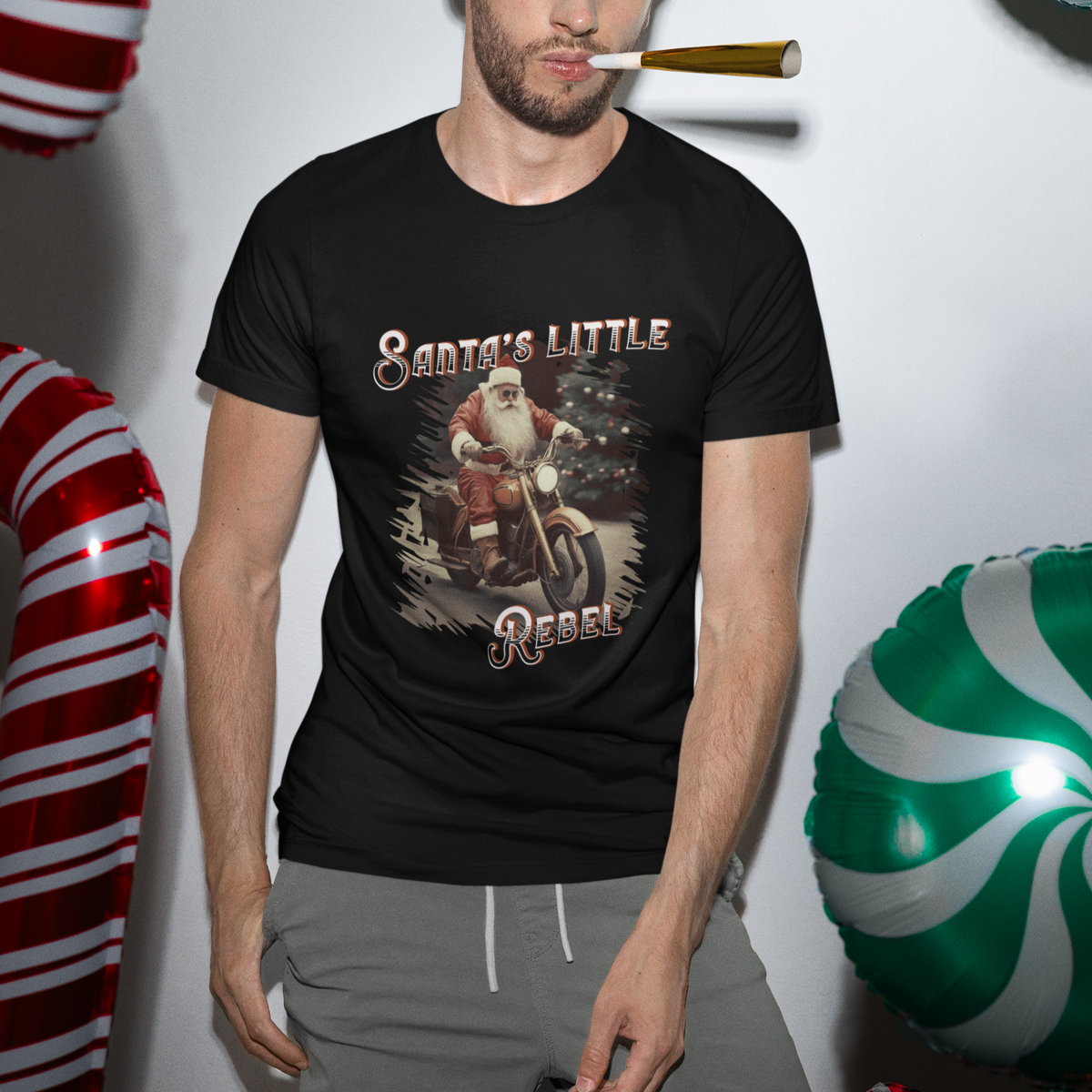 Christmas T Shirt Santa's Little Rebel Rinding Motorcycle Vintage Xmas - Wonder Print Shop
