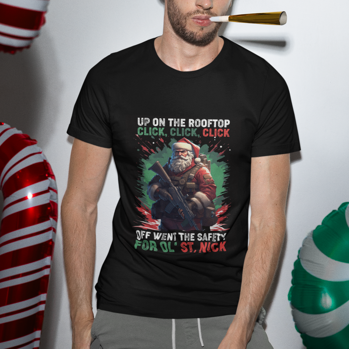 Christmas T Shirt Up On The Rooftop Click Click Click Santa Patriotic - Wonder Print Shop