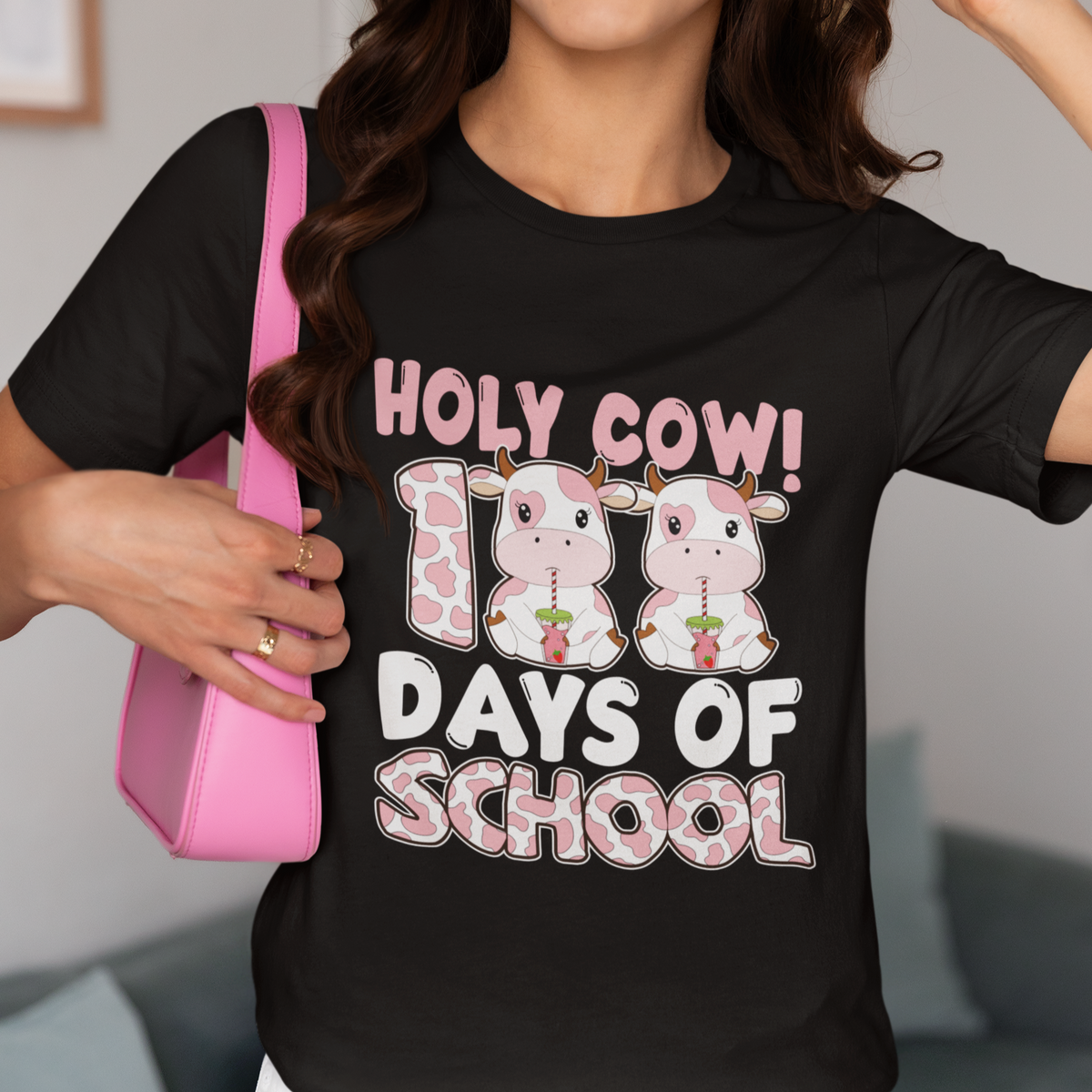 Holy Cow 100 Days of School T Shirt Cute Pink Dairy Cattle - Wonder Print Shop