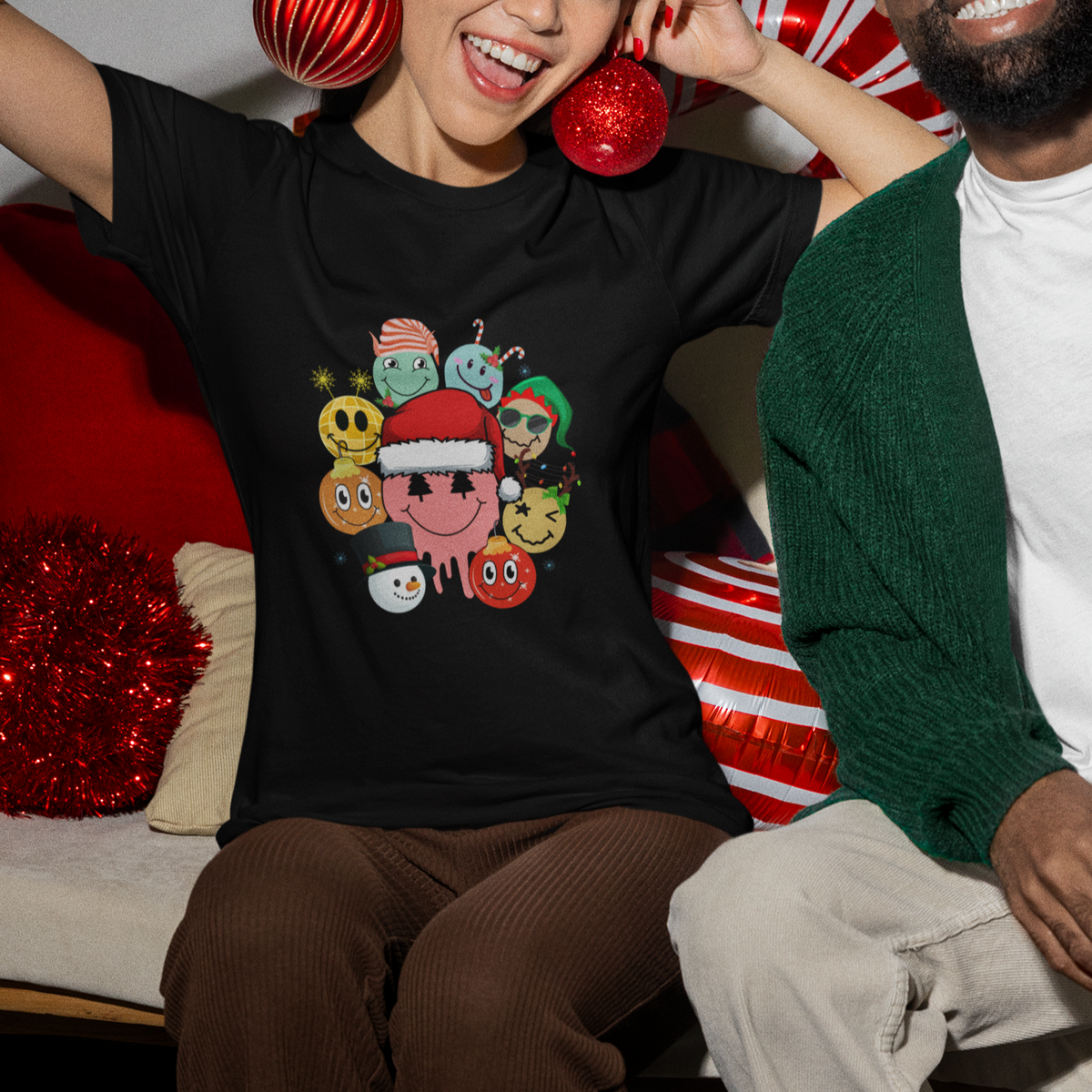 Christmas T Shirt Retro Groovy Xmas Tree Eye Face Reindeer Snowman Efl - Wonder Print Shop