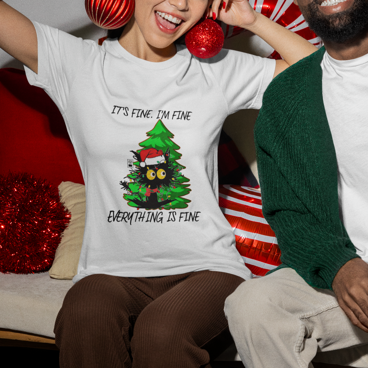 Black Cat Christmas T Shirt It's Fine I'm Fine Everthing Is Fine Funny Xmas - Wonder Print Shop