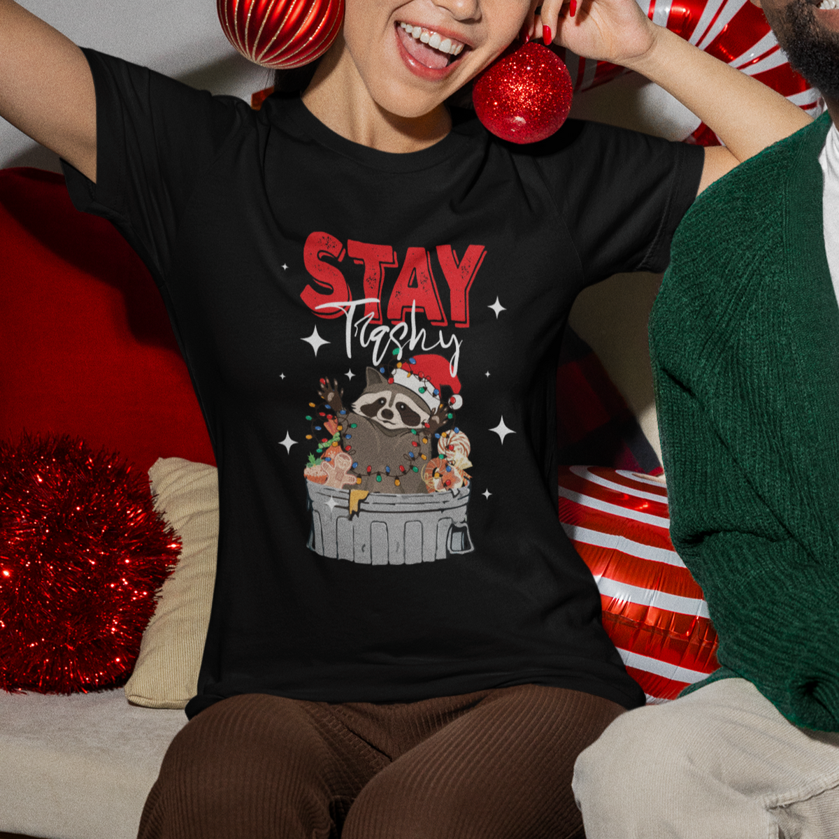 Stay Trashy Christmas Raccoon Garbage Trashin Santa Hat T Shirt - Wonder Print Shop