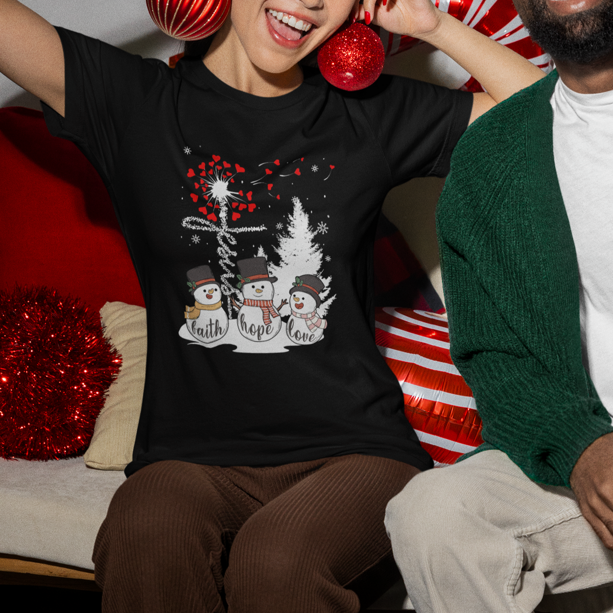 Christmas T Shirt For Women Faith Hope Love Snowman Dandelion Jesus - Wonder Print Shop