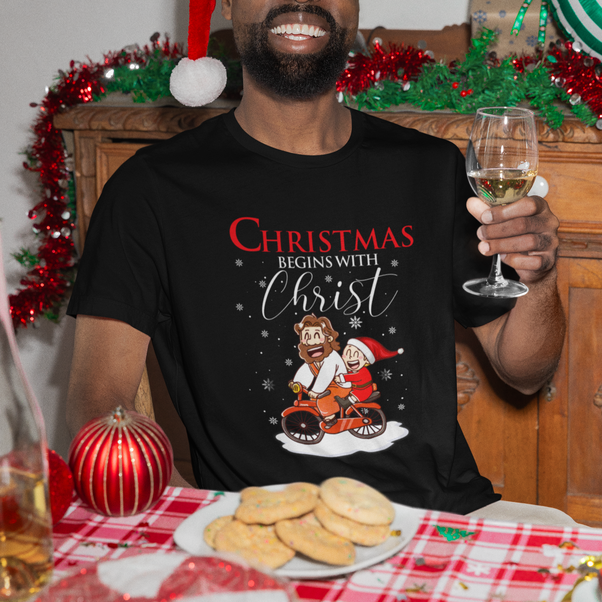 Christmas Begins With Christ Jesus Santa Riding Bicycle T Shirt - Wonder Print Shop