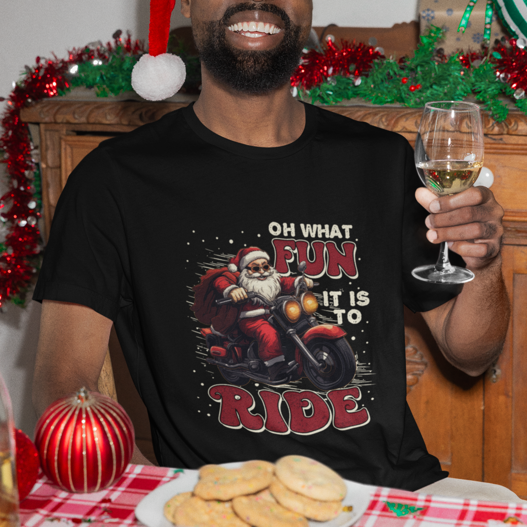Santa Claus Biker T Shirt Oh What Fun It Is To Ride Motorcycle Christmas - Wonder Print Shop