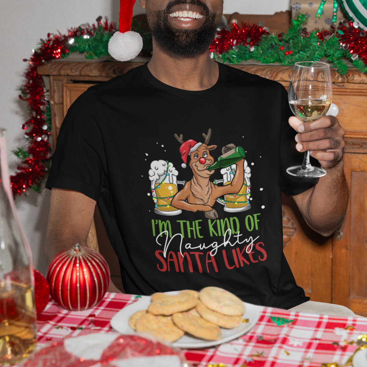 Christmas T Shirt Reindeer Beer Drinking I'm The Kind Of Naughty Santa Likes - Wonder Print Shop