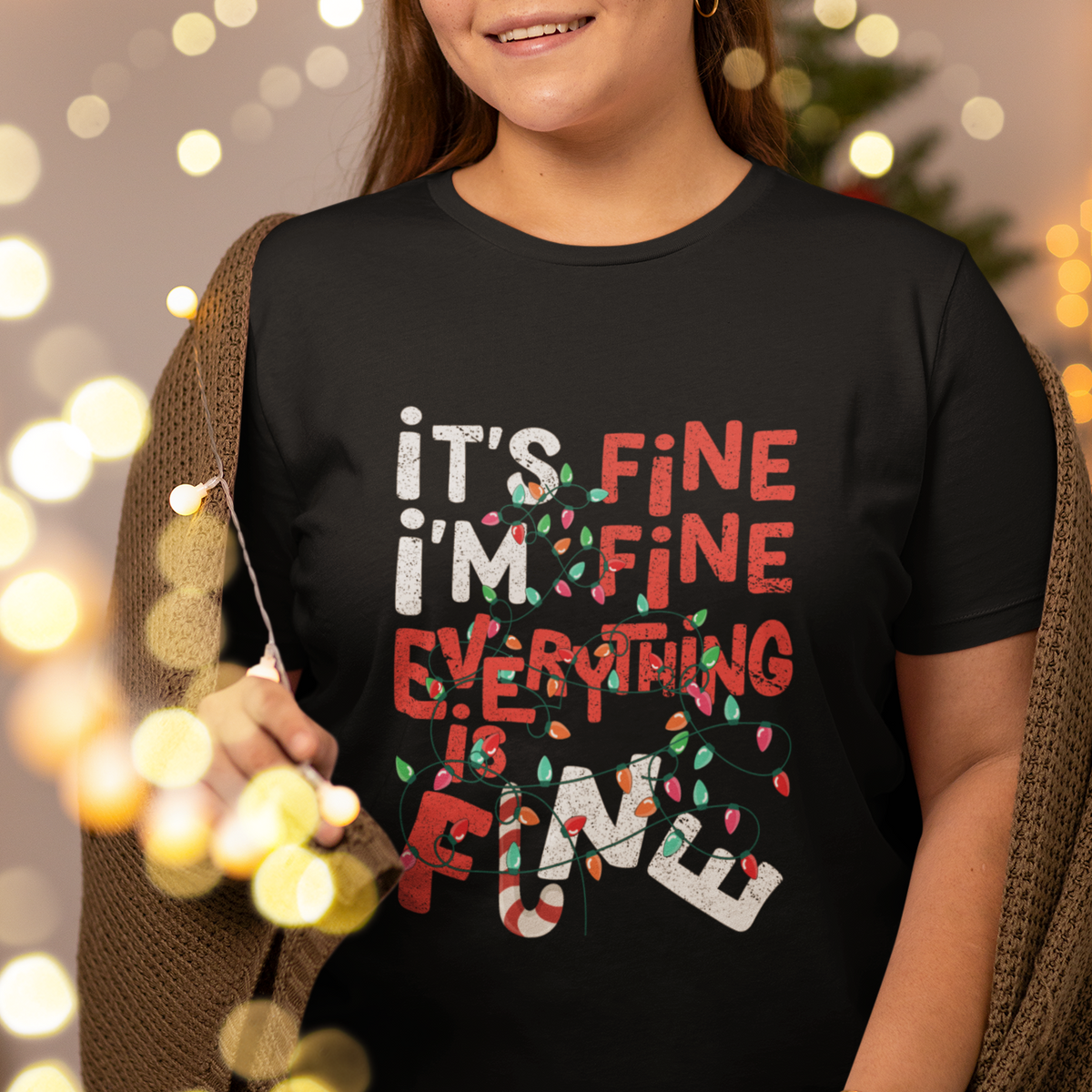 Funny Christmas T Shirt It's Fine I'm Fine Everthing Is Fine Xmas Lights - Wonder Print Shop