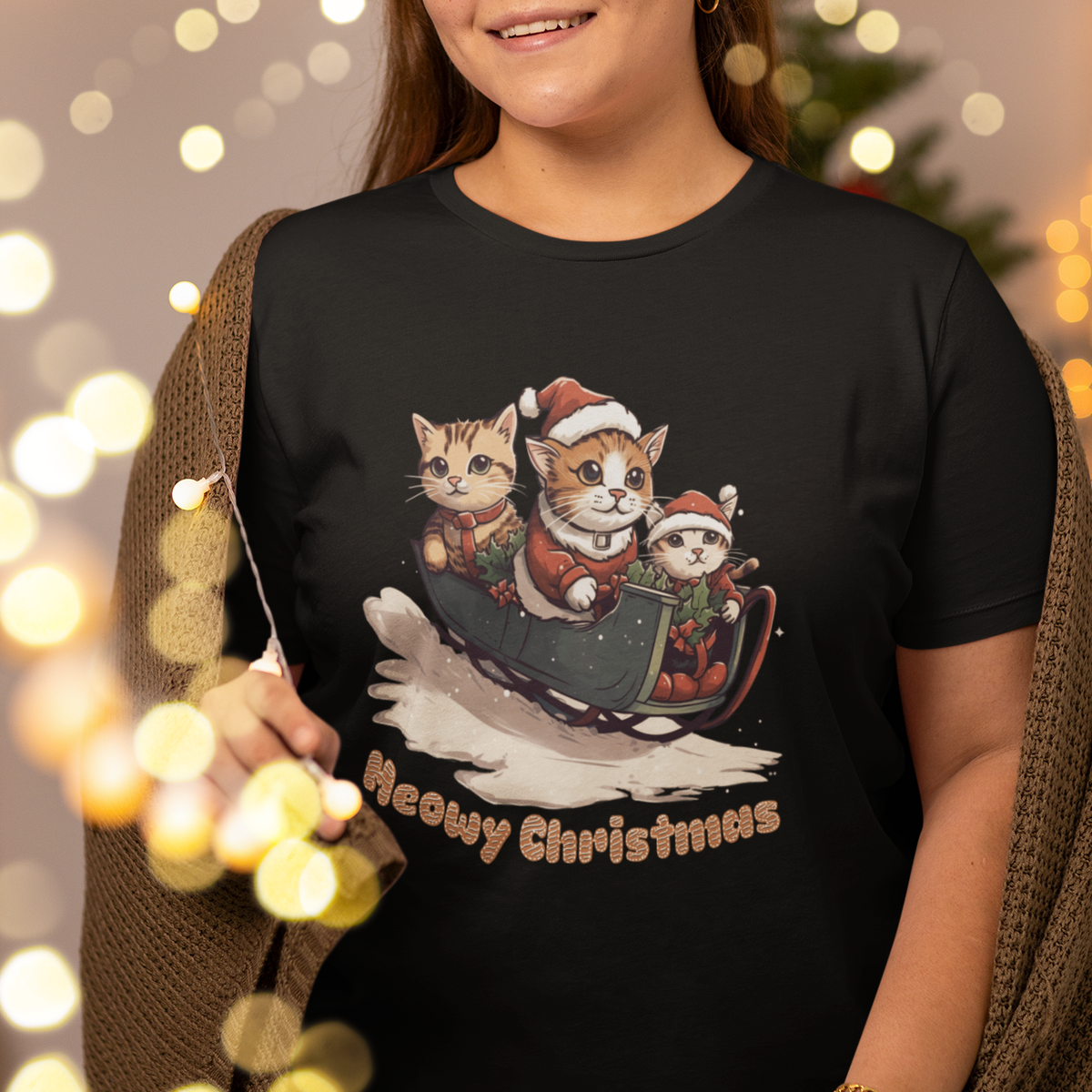 Cat Sleigh Meowy Christmas Holiday Santa Hat T Shirt - Wonder Print Shop