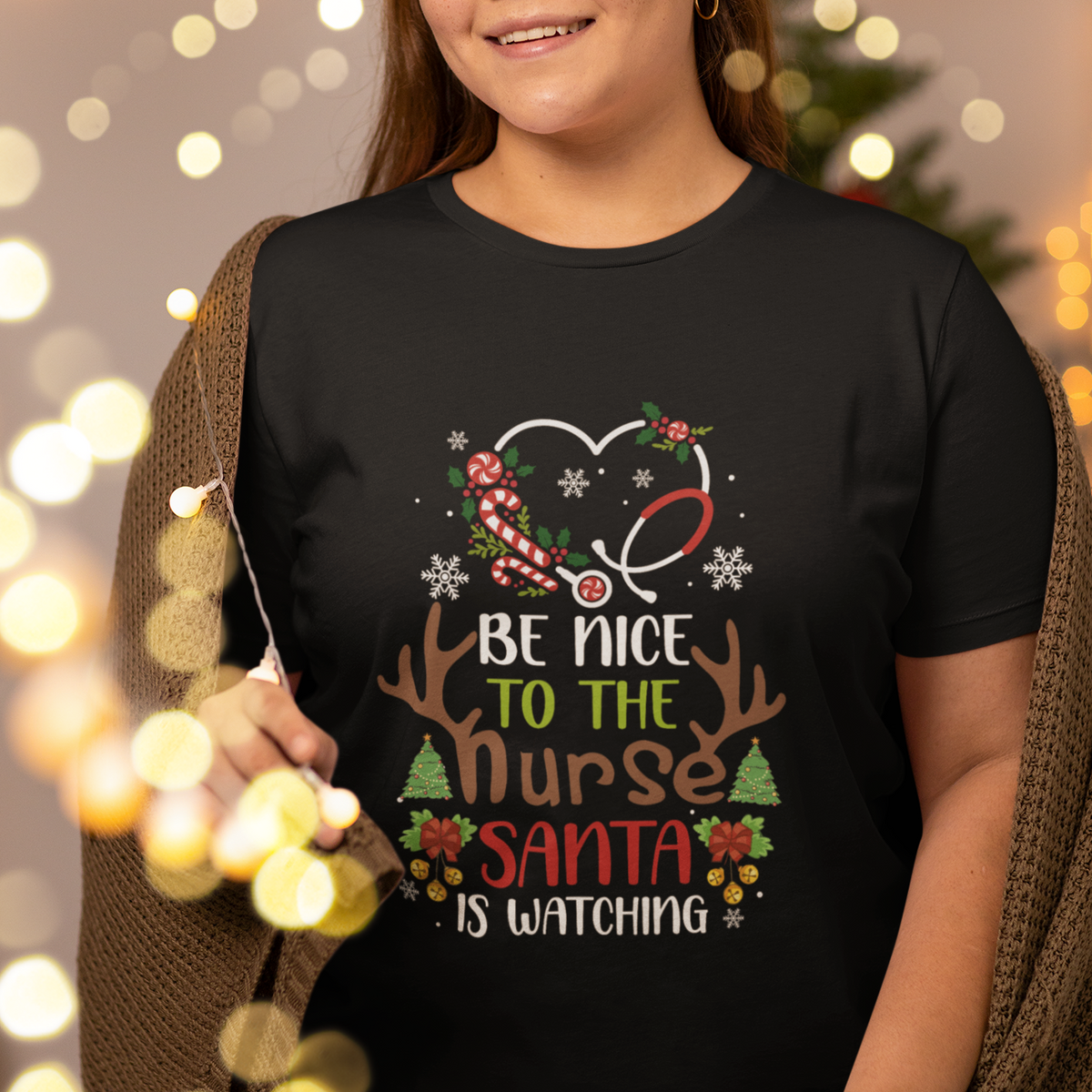 Be Nice To The Nurse Santa is Watching Funny Christmas T Shirt - Wonder Print Shop