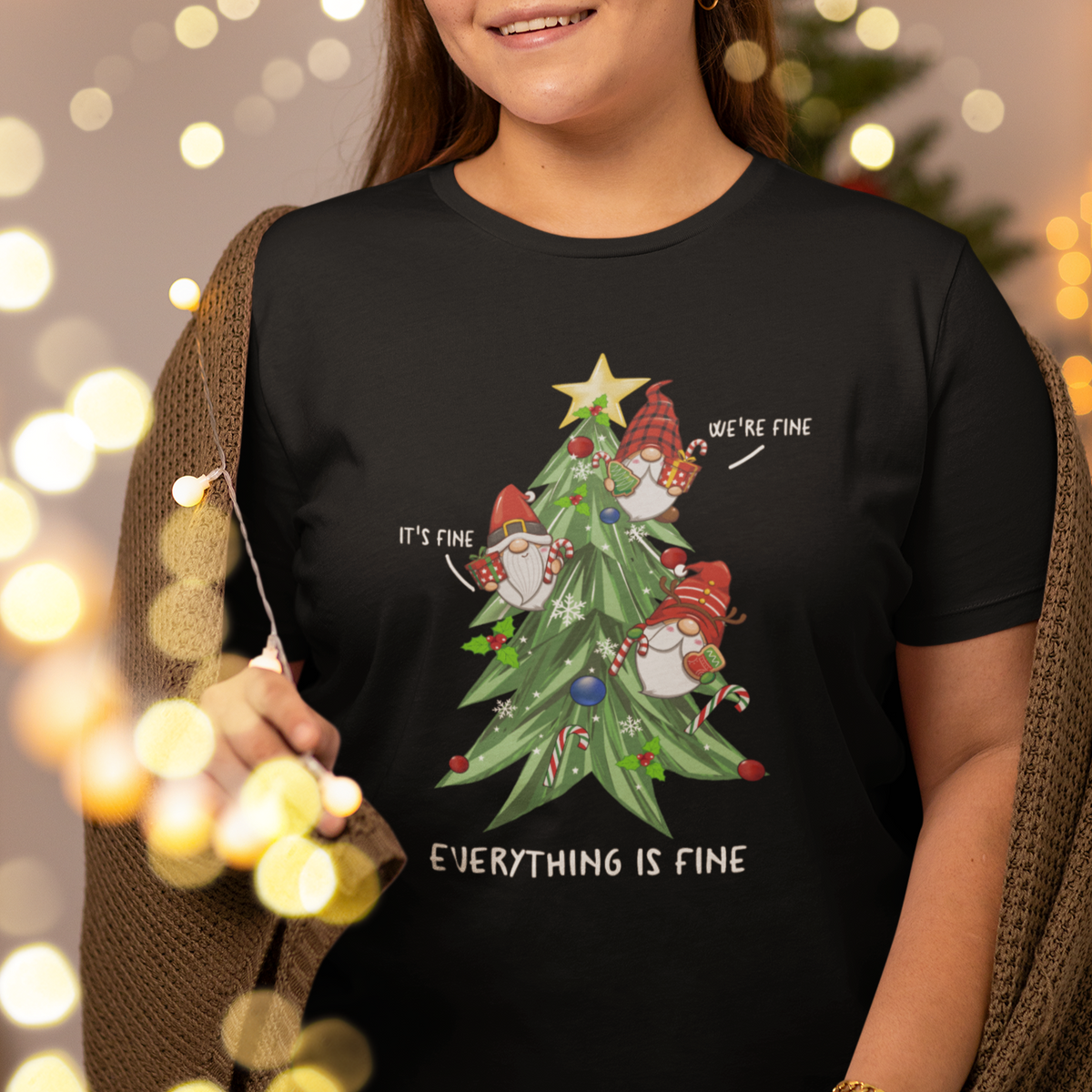 It's Fine We're Fine Everything's Fine Funny Gnomies T Shirt with Christmas Tree - Wonder Print Shop