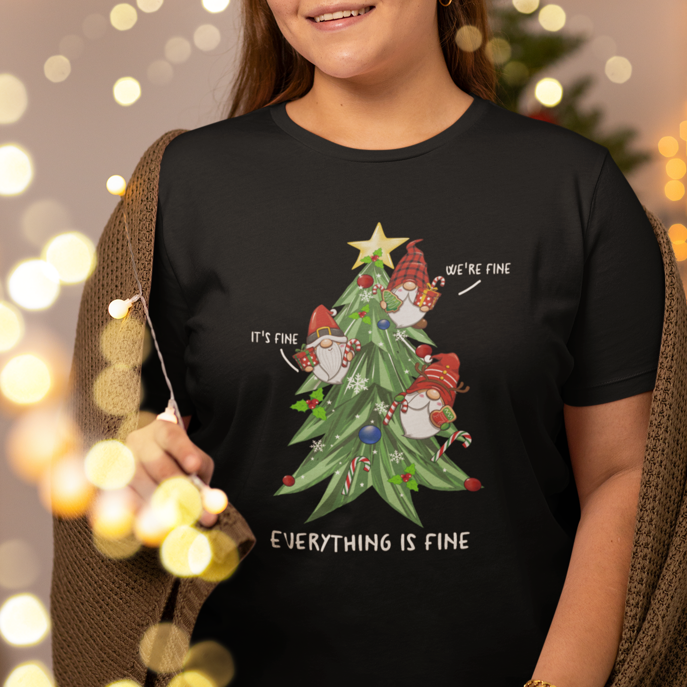 It's Fine We're Fine Everything's Fine Funny Gnomies T Shirt with Christmas Tree TS09