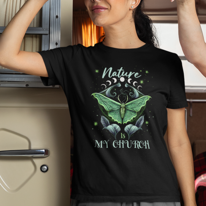 Moth T Shirt For Women Mystical Moth Nature Is My Church Faith Moon Child Moonlight Religious Celestial Boho Hippie Floral Moth Spiritual Shirt for Womenm Moth T-shirt, Spirituality Shirt - Wonder Print Shop